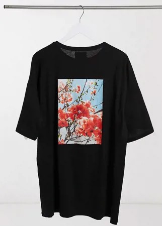 Черная футболка в стиле oversized с приспущенной линией плеч и цветочным принтом на спине Sixth June-Черный