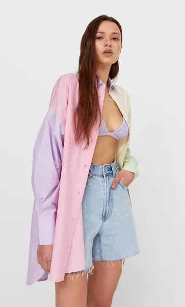 Stradivarius Рубашка Из Поплина С Цветовыми Блоками Ярко-Розовый S
