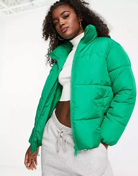 Ярко-зеленое стеганое пальто свободного кроя на молнии New Look