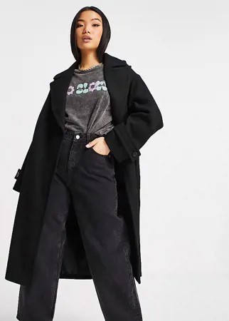 Черное длинное пальто макси в стиле oversized из твила ASOS DESIGN Petite-Черный цвет