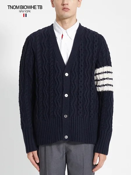 Мужской плотный свитер TB THOM, зимние модные брендовые вязаные пальто из шерсти мериноса в полоску, 4 полоски, женский кардиган с V-образным вырезом для влюбленных