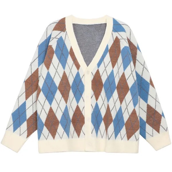 Японский винтажный свитер, пальто, новинка зимы 2023, клетчатый кардиган с V-образным вырезом для мужчин, парный Свободный вязаный кардиган оверсайз, свитер в стиле хип-хоп