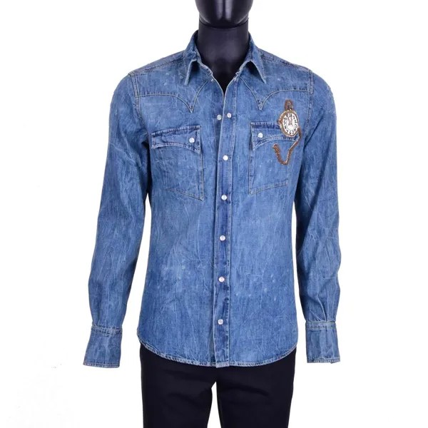 Джинсовая рубашка Dolce - Gabbana Destroyed Denim с вышивкой часов, синее золото