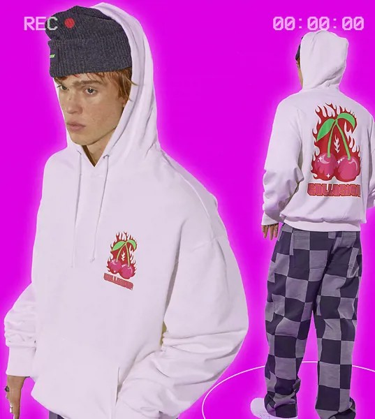 Oversized-худи белого цвета с принтом вишен COLLUSION Unisex-Белый