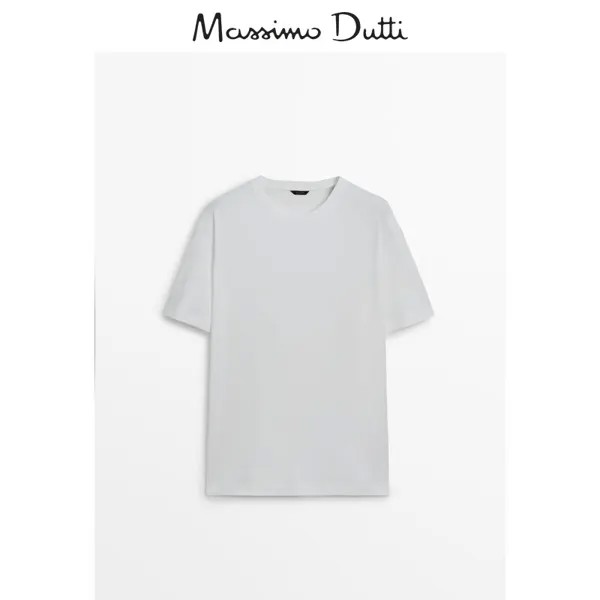 Летняя новинка Massimo Dutti, мужская футболка 2024 года, новая базовая белая рубашка повседневного стиля, удобная хлопковая футболка с круглым вырезом и заниженными рукавами 01416289250, цвет Белый