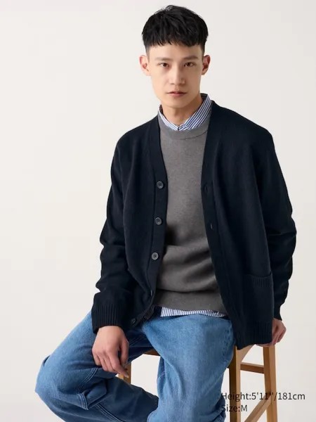 Кардиган из овечьей шерсти с v-образным вырезом Uniqlo, синий