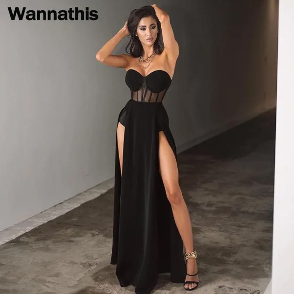 WannaЭта женская вечеринка корсет платье slit Sexy See Through Strapless Summer Black Elegant Casual Maxi Dress 2021