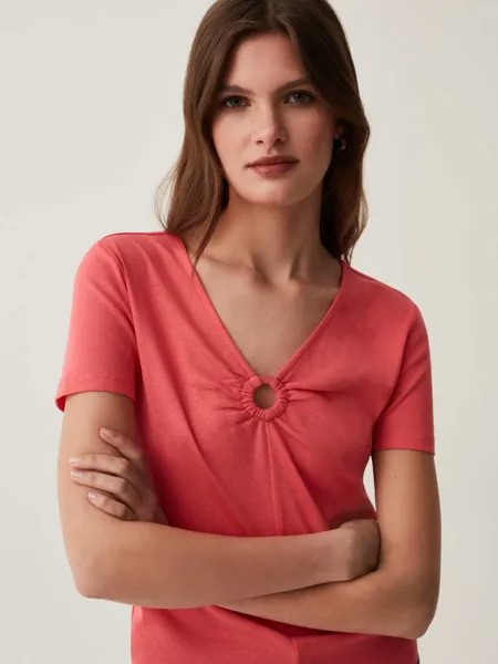 Футболка с V-образным вырезом и кольцом Ovs, цвет coral pink