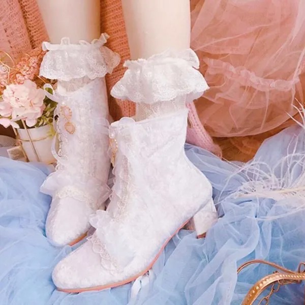 Обувь в стиле аниме Лолита, белые кружевные ботинки принцессы с лентой, милые японские ботинки для девочек в стиле Лолиты, Лолиты, лоли, Викт...