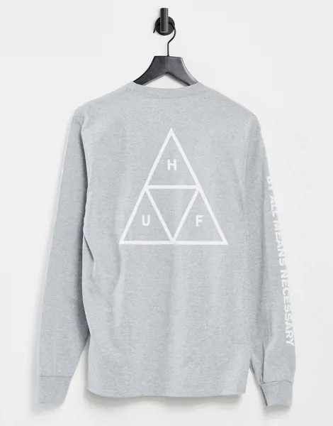 Серый лонгслив с принтом в виде треугольников HUF essentials