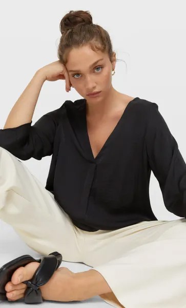Stradivarius Рубашка С Рукавами 3/4. Черный Xl