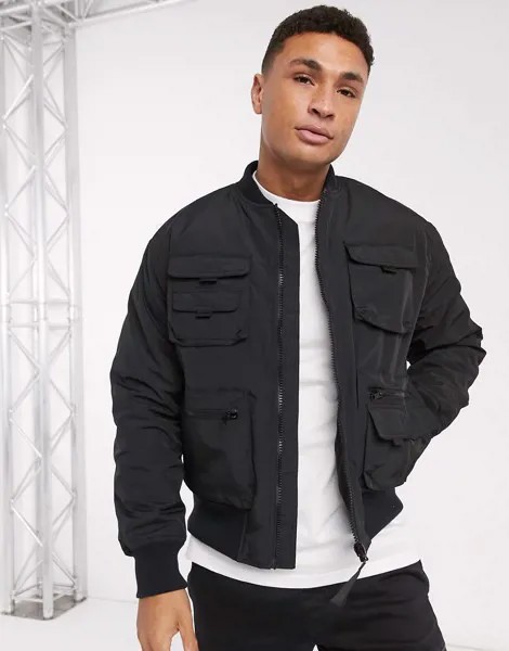 Черный бомбер в стиле милитари River Island