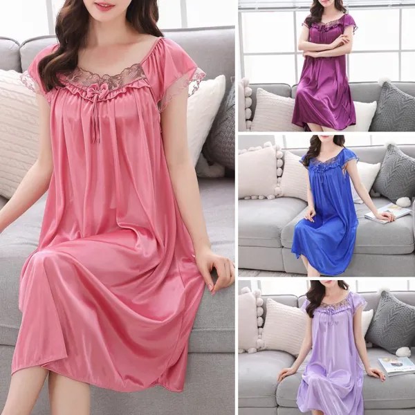 Женские летние имитация шелка сексуальные кружева спинки пижамы сорочки белье Bedgown