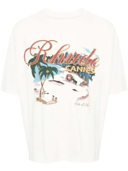 RHUDE Cannes Beach-print cotton T-shirt, белый