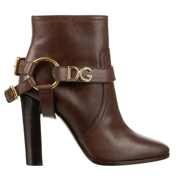 DOLCE - GABBANA Кожаные ботинки CAROLINE с логотипом DG Brown Gold 12012
