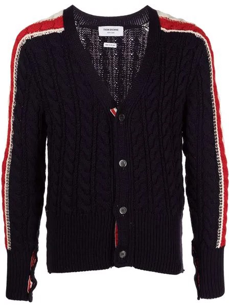 Thom Browne CABLE STITCH CARDIGAN W/ RWB SLEEVES IN SUSTAINABLE MERINO WOOL