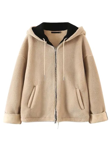Milanoo Faux Fur Coats Long Sleeves Hooded Light Apricot Casual Stretch Women Coat