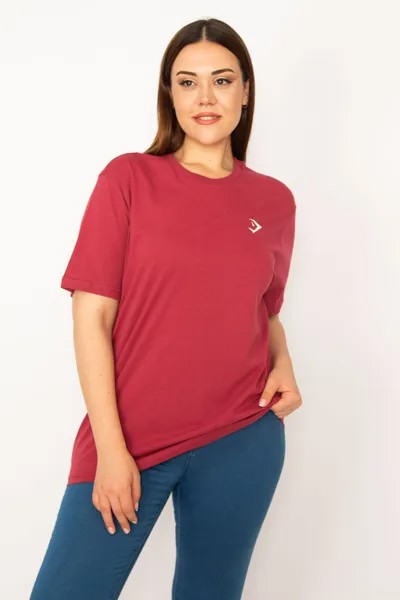 Женская базовая блузка большого размера бордового цвета с круглым вырезом и короткими рукавами 65n33279 Şans, бордовый