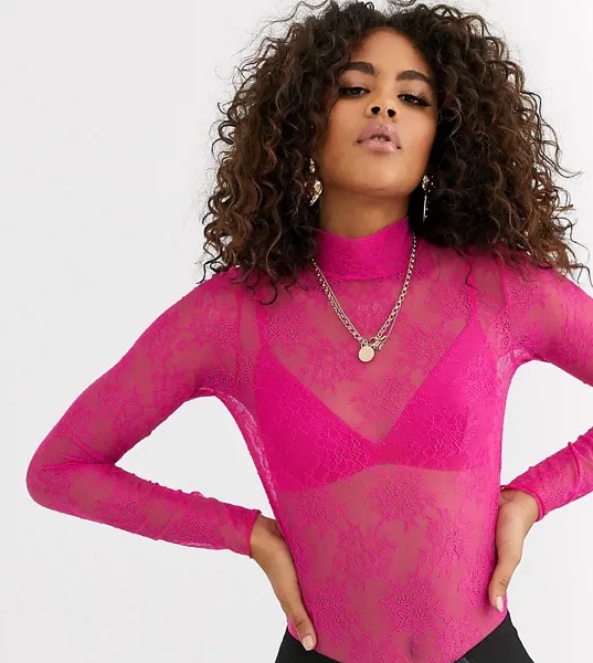 Розовое кружевное боди с высоким воротником ASOS DESIGN Tall-Розовый
