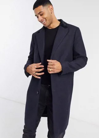 Однобортное пальто с бархатным воротником French Connection-Темно-синий