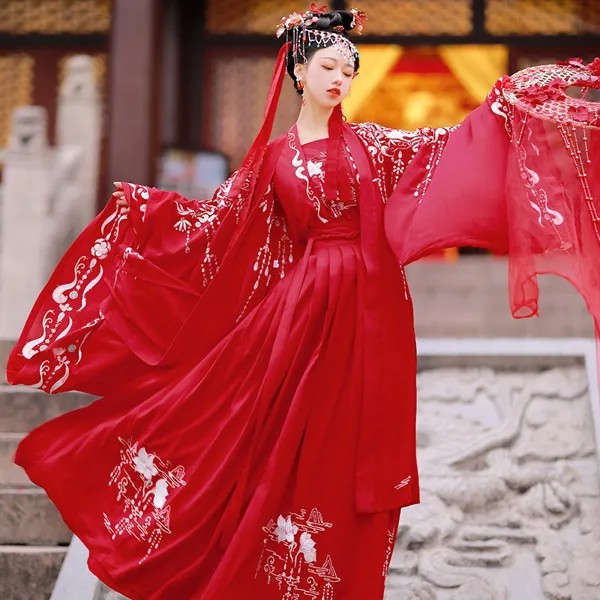 Женское оригинальное платье ханьфу в китайском ретро-стиле, красное платье с вышивкой, традиционное Восточное Старинное платье из четырех частей, пушистая юбка