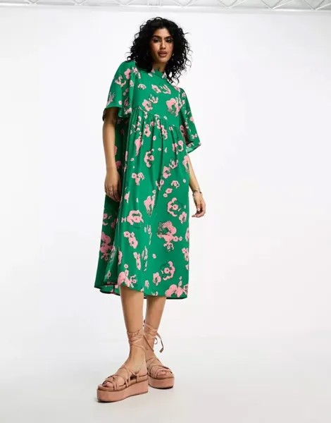 Зеленое платье миди Vila с развевающимися рукавами и розовым цветочным принтом