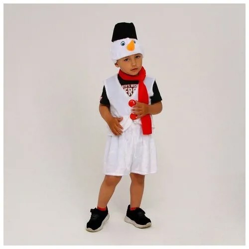 Карнавальный костюм Снеговик меховой, шорты, жилет, шарф, шапка с ведром, р-р30, р110-116.