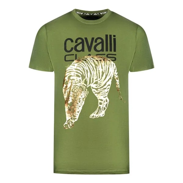 Футболка с большим золотым логотипом в виде тигра Cavalli Class, зеленый