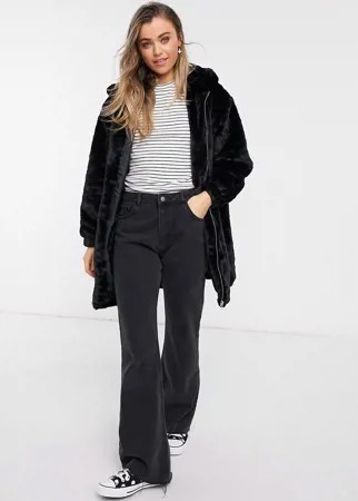 Длинная черная куртка с капюшоном из искусственного меха New Look-Черный