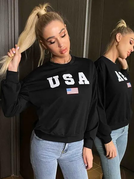 Milanoo Hoodie For Women Black Long Sleeves Letters Print Pattern Polyester Hooded Sweatshirt