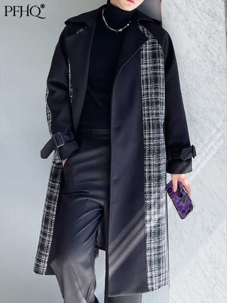 Мужское шерстяное пальто PFHQ в стиле пэчворк, модное элегантное пальто в клетку, роскошное асимметричное твидовое пальто, ветровка, Осень-зи...