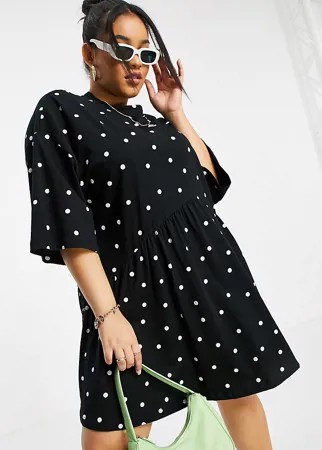 Платье мини в стиле oversized с присборенной юбкой и заниженной талией в горошек ASOS DESIGN Curve-Черный цвет