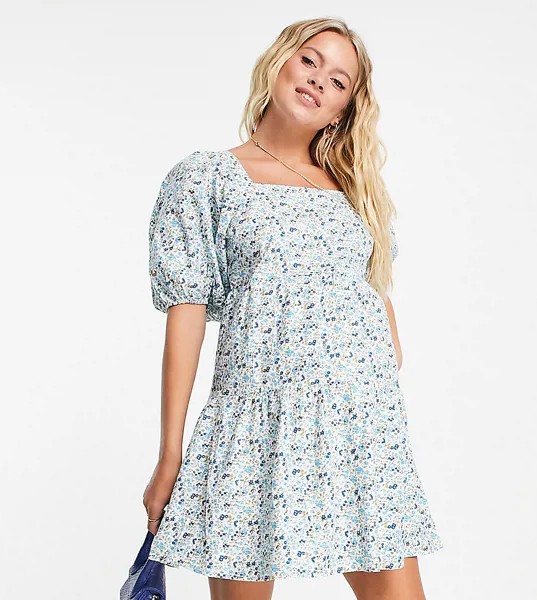 Цветочное платье мини с объемными рукавами Influence Maternity-Голубой