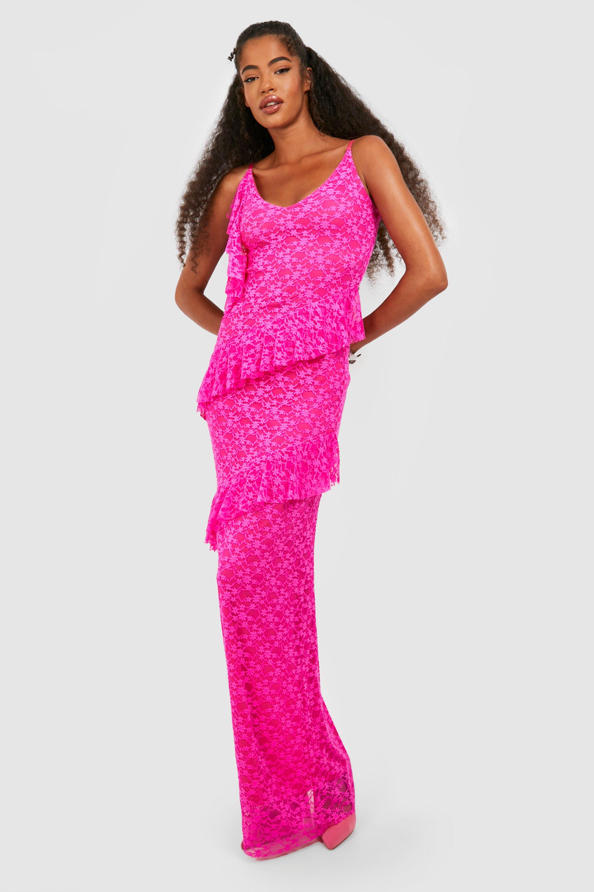Кружевное асимметричное платье макси с рюшами Boohoo, пурпурный
