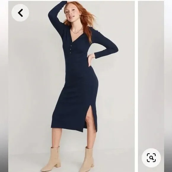 Old Navy Темно-синее приталенное платье миди в рубчик с длинными рукавами, размер XL