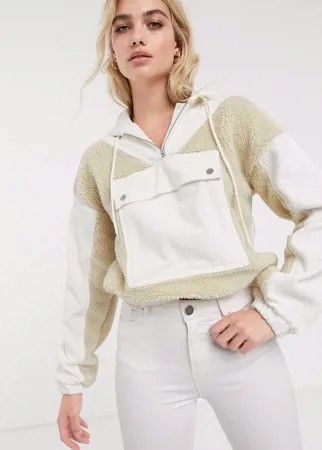 Худи кремового цвета со вставками из вельвета и искусственной цигейки ASOS DESIGN-Белый