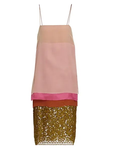 Платье миди из смесового шелка с цветными блоками Dariel Dries Van Noten, хаки