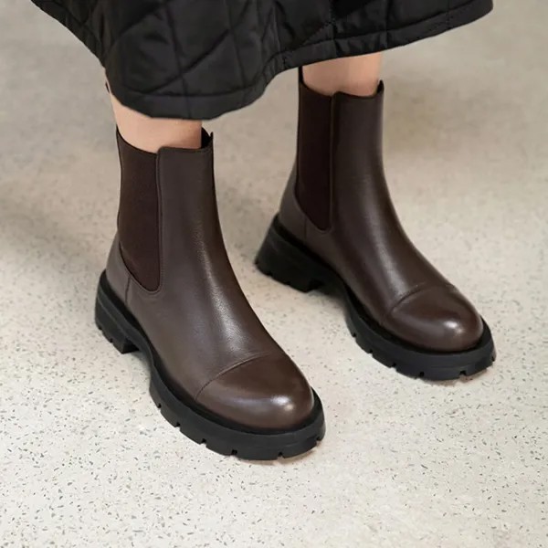 Женские кожаные ботильоны с круглым носком, однотонные Ботинки Челси на толстом каблуке, повседневные ботинки для осени и зимы, 2022