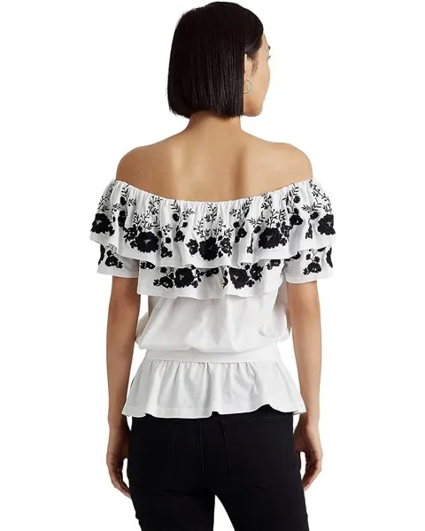 Топ LAUREN Ralph Lauren Embroidered Jersey Off-the-Shoulder Top, цвет White/Black