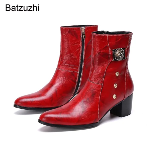 Ботинки Batzuzhi мужские из натуральной кожи, высокий каблук 7 см, сапоги В рыцарском стиле, черные/красные, вечерние ринки/свадьбы! Большие размеры 38–46