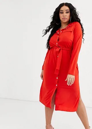 Платье-рубашка миди с поясом ASOS DESIGN Curve-Красный