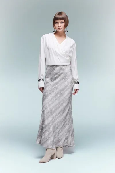 Атласная юбка-миди трапеции с нормальной талией и узором DeFacto, серый