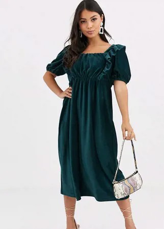Зеленое вельветовое платье миди с оборками ASOS DESIGN Petite-Зеленый цвет