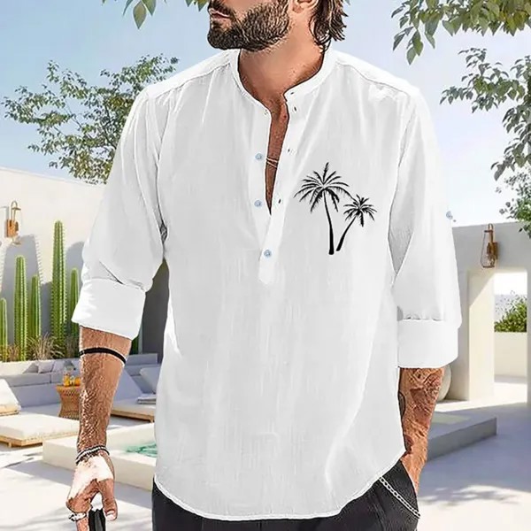 Мужская винтажная повседневная рубашка с длинным рукавом с гавайским кокосовым принтом и воротником-стойкой