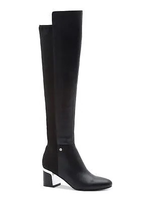 Женские кожаные сапоги для верховой езды DKNY Black Heel Stretch Cora с острым носком на блочном каблуке 9