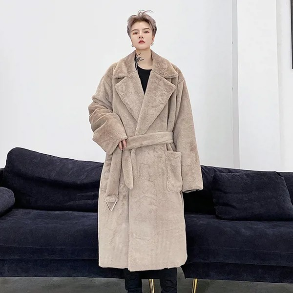 Зимнее мужское свободное кашемировое теплое длинное пальто черного и абрикосового цвета с поясом и отложным воротником N30