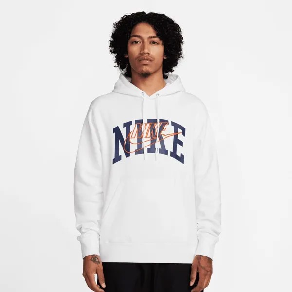 Толстовка Club из флиса с начесом на спине NIKE, цвет white/safety orange