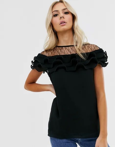 Черная плиссированная блузка с кружевной отделкой New Look-Черный
