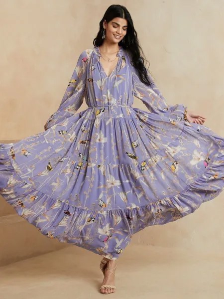 BANANA REPUBLIC Многоярусное платье макси S, маленький размер | Фиолетовый цветочный #803880 НОВИНКА