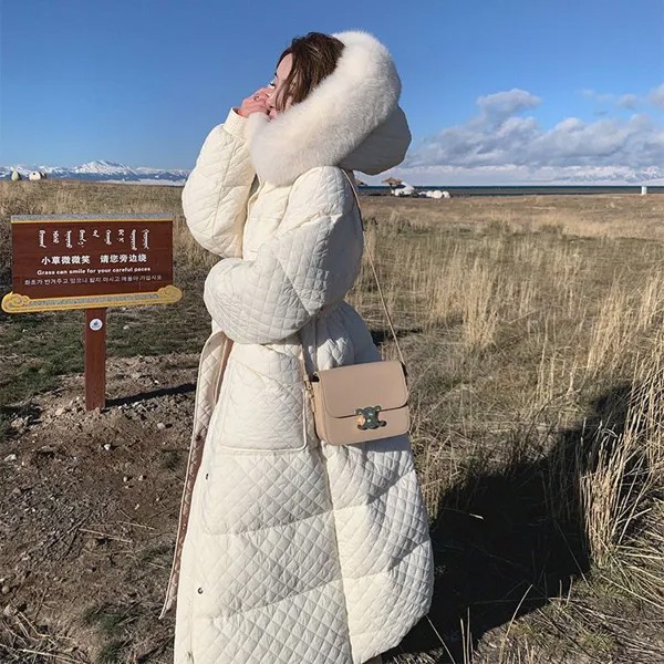 Женские пуховики на утином пуху, осенне-зимнее сверхлегкое пальто с капюшоном и воротником из лисьего меха, Длинные парки, пуховик с подкладкой, пальто T212